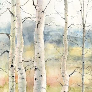 May include: Watercolor painting of birch trees with white bark and dark markings. The trees stand in a forest with a soft, blurred background of green, yellow, and blue hues. Bare branches reach out from the trunks, creating a serene landscape.
