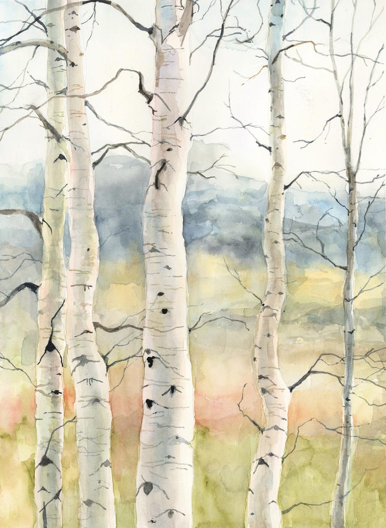 May include: Watercolor painting of birch trees with white bark and dark markings. The trees stand in a forest with a soft, blurred background of green, yellow, and blue hues. Bare branches reach out from the trunks, creating a serene landscape.
