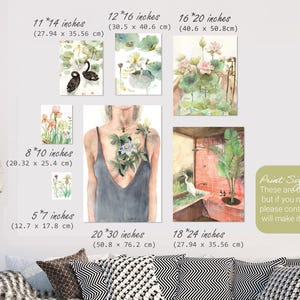 May include: A collection of watercolor art prints in various sizes, including 11x14 inches, 12x16 inches, 16x20 inches, 8x10 inches, 5x7 inches, 20x30 inches, and 18x24 inches. The prints feature botanical and figurative themes, with a neutral color palette.