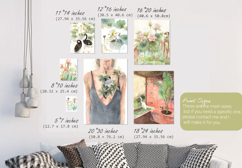 May include: A collection of watercolor art prints in various sizes, including 11x14 inches, 12x16 inches, 16x20 inches, 8x10 inches, 5x7 inches, 20x30 inches, and 18x24 inches. The prints feature botanical and figurative themes, with a neutral color palette.