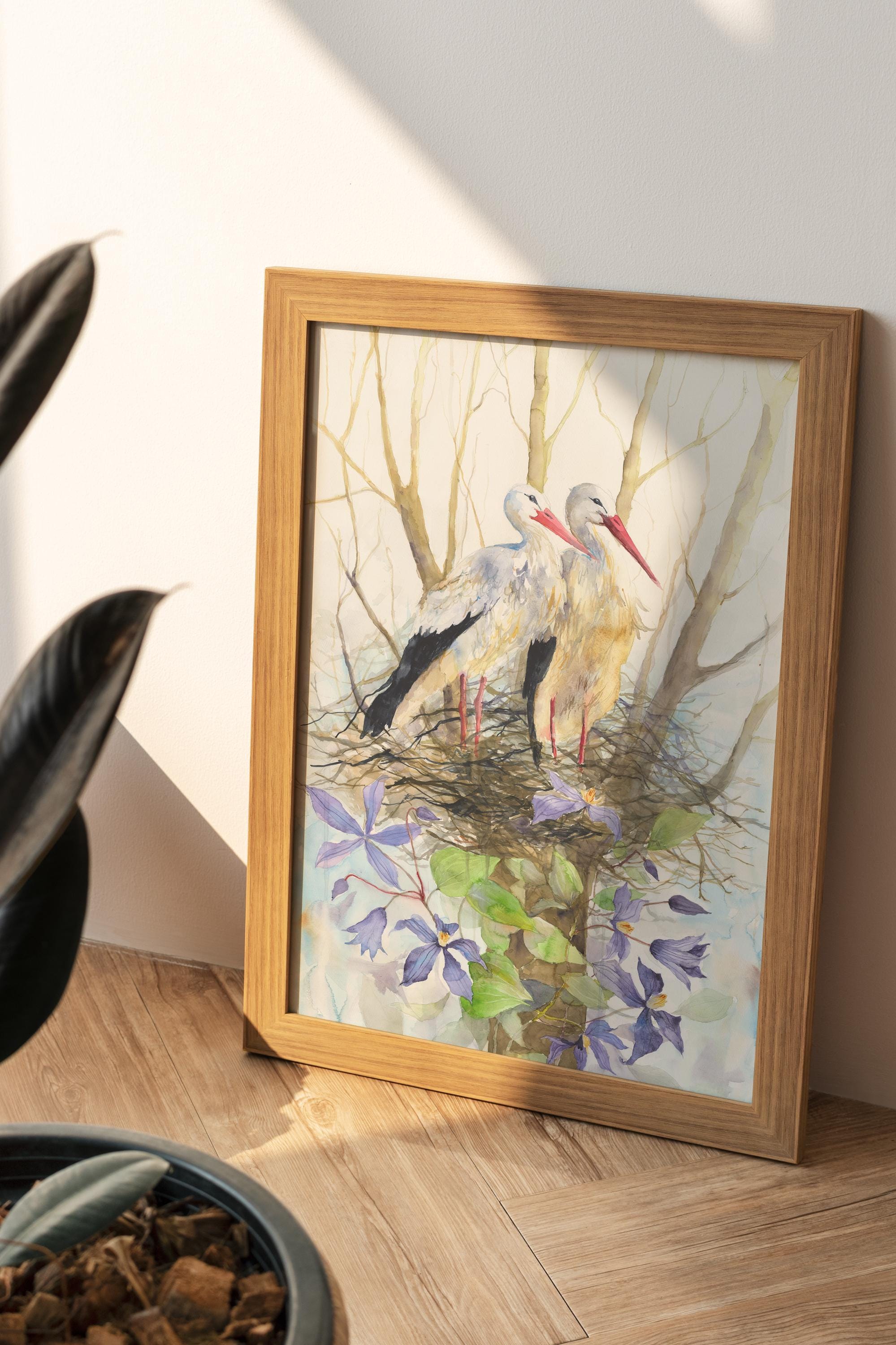 美しいコウノトリのジクレーアートプリント、水彩画の鳥の巣の壁飾り