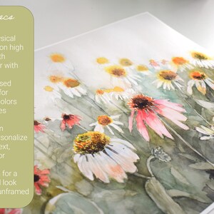 May include: A watercolor print of wildflowers, featuring white, pink, and yellow blooms against a muted green background. The artwork has a matte finish and is printed on archival paper. The print is unframed.