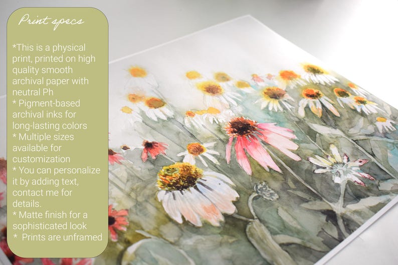May include: A watercolor print of wildflowers, featuring white, pink, and yellow blooms against a muted green background. The artwork has a matte finish and is printed on archival paper. The print is unframed.