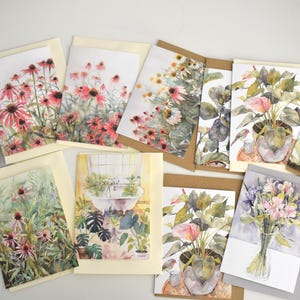 10 cartões florais de primavera, cartões em branco com aquarela, conjunto de cartões comemorativos, dobrados com envelopes, tulipas, rosas, árvores, cegonhas, primavera