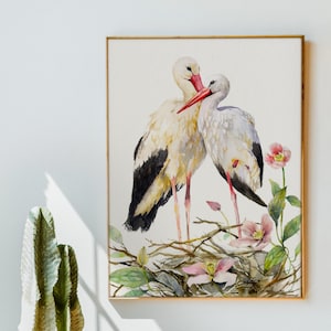 Stork Print Art, Watercolor Print, Stork Bird Nest Wall Print, Stork Painting, Birds Wall Art, Spring Wall Decor, Nursery Print, Stork Gift