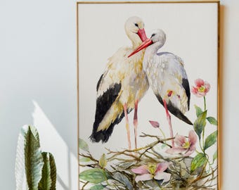 コウノトリと赤ちゃんの水彩画アートプリント：ヴィンテージ妊娠発表
