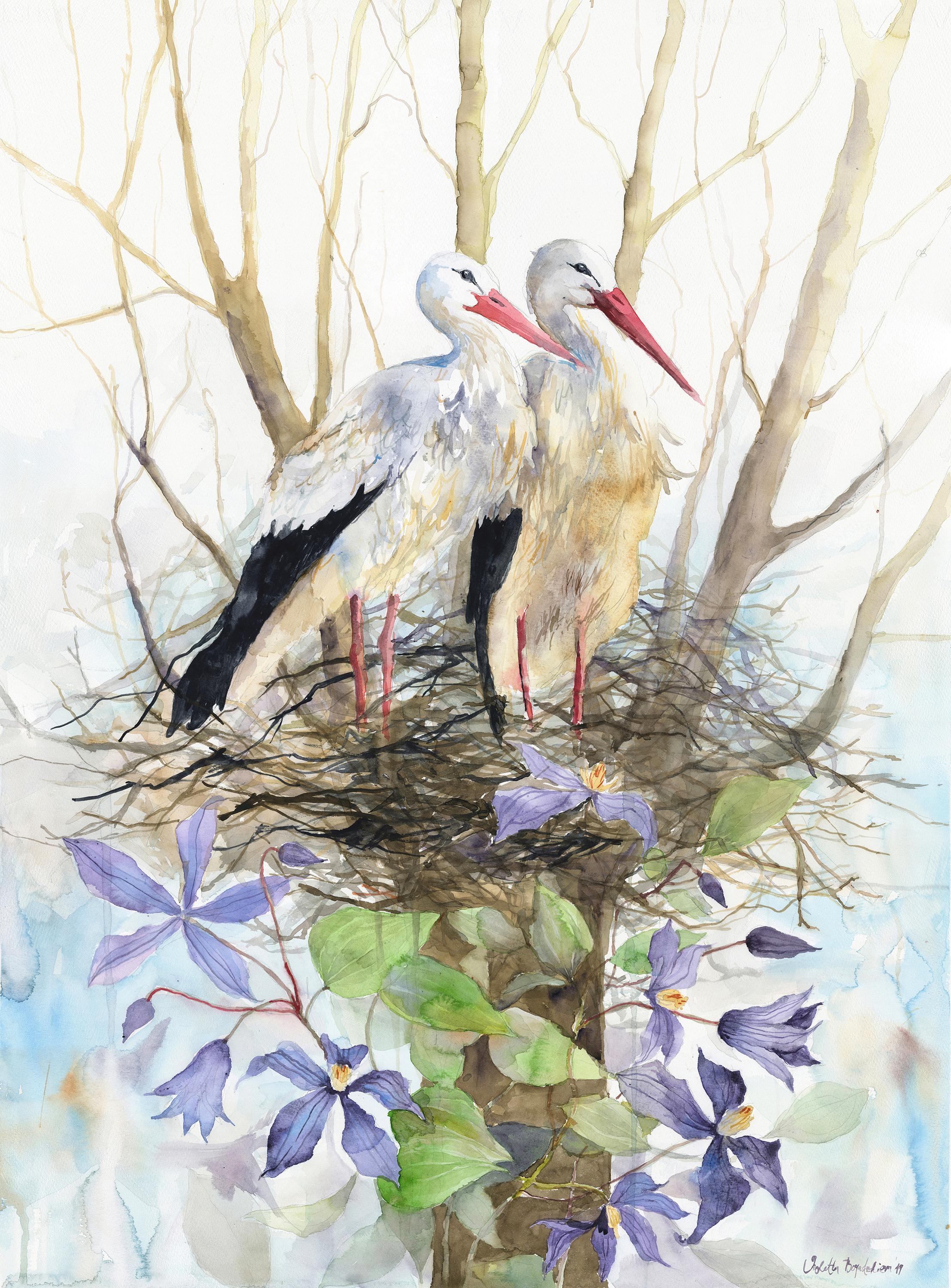 美しいコウノトリのジクレーアートプリント、水彩画の鳥の巣の壁飾り