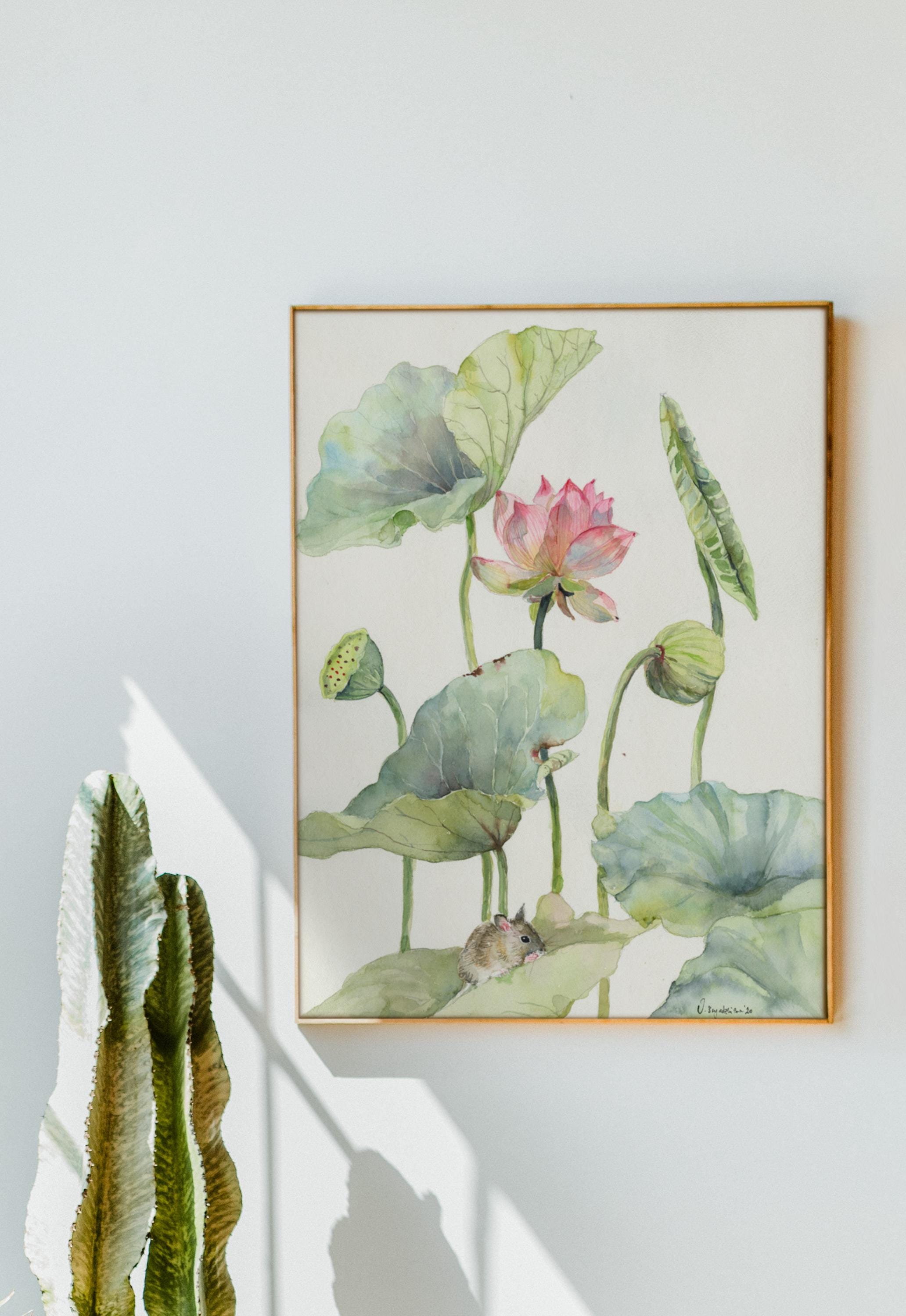 Watercolor Floral Lotus Art Print, Calm Floral Home Decor, Mouse Wall ...