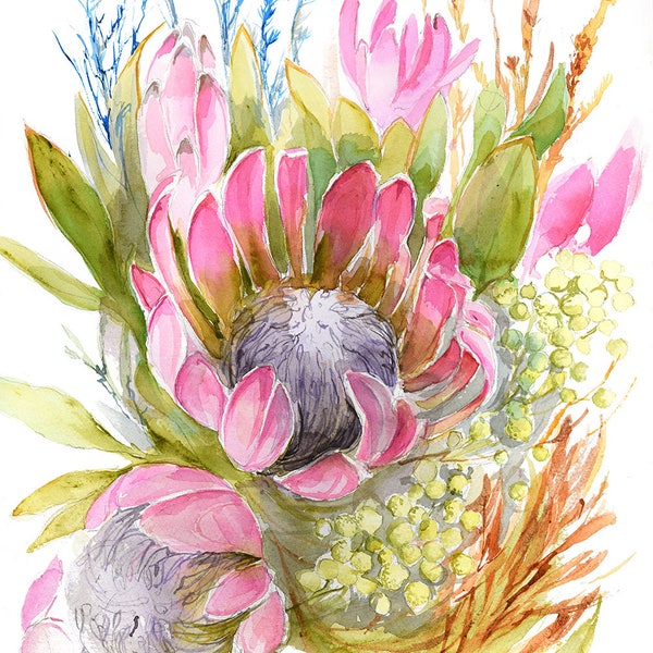 Protea Watercolor Print, Floral Painting, Home Decor, Flowers Art, Colorful Artwork, Botanical Giclee Print, Wall Art, Australian Protea