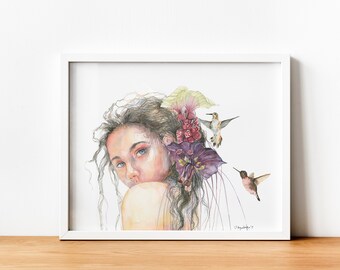 Flower Girl Print - Wall Art Floral, Water Color Print, Hummingbird, Batflower,  Floral Print, Lotus Flowers, Surreal Fine Art