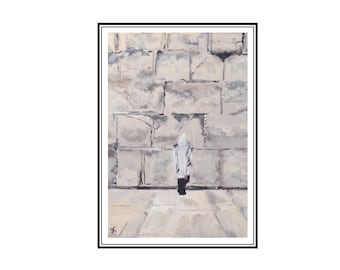 Religiöser Mann am Kotel, Klagemauer Jerusalem, Acrylmalerei, Israelische religiöse jüdische Kunst, A4-Größe Limited Edition Prints UK Artist