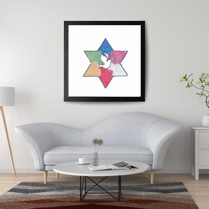 Colourful Star of David Chalk Pastel Drawing, Mogem Dovid, Peace Dove, Limited Edition Prints, A4 Size, Jewish Art, by UK Artist