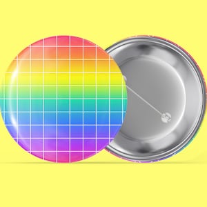 May include: A rainbow-colored button with a grid pattern on the front and a silver back with a pin.