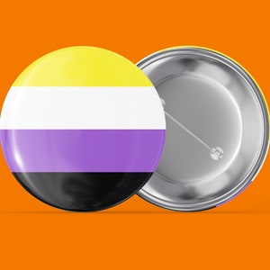 May include: A round button with a yellow, white, purple, and black striped design. The back of the button is silver with a pin.