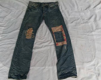 ¡¡Raro!! Takeo Kikuchi Jeans distressed diseño Patchwork Floral Button Fly Diseñador Japonés marca Cintura 34" pulgadas