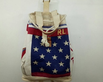 Vintage 1990s RALPH LAUREN Polo RL -93 Striped Duffle Bag Canvas shoulder  luggage  Spellout 93 P Wing Bear Stadium Lolife Swag Yacht club.