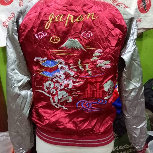 Jahrgang Sukajan Jacke selten Stickerei Raijin Berg Fuji Drache japan Yokosuka Varsity Souvenir Riversible Bomberjacke