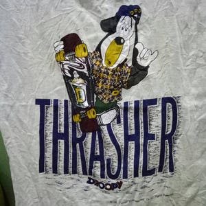 Rzadki, zabytkowy deskorolka Thrasher x Droopy 1994 Jn Planowanie Turner Entertainment and Co/ Magazyn Thrasher/ Perła Powella/ Rozmiar L z kreskówek