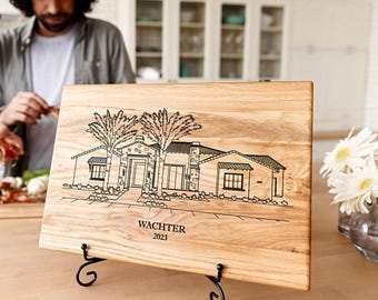 Custom Housewarming Cutting Board, House Portrait Sketch, Engraved wooden cutting board, Realtor Closing gift, Agent Present, Our First Home