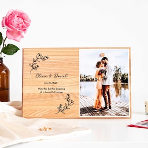 Custom Wood Picture Frame - Magnetic wooden dot Photo Holder - Engraved Wedding Gift for Couple