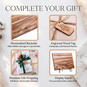 The image is a collage of four different gift wrapping options, each with a unique feature: personalized backside, engraved wood tag, premium gift wrapping, and a display stand.