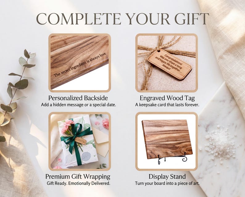 The image is a collage of four different gift wrapping options, each with a unique feature: personalized backside, engraved wood tag, premium gift wrapping, and a display stand.