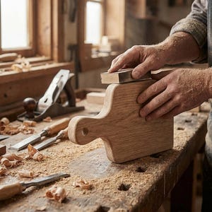 A person is working on a wooden board in a workshop, using a tool to smooth the surface of the board.