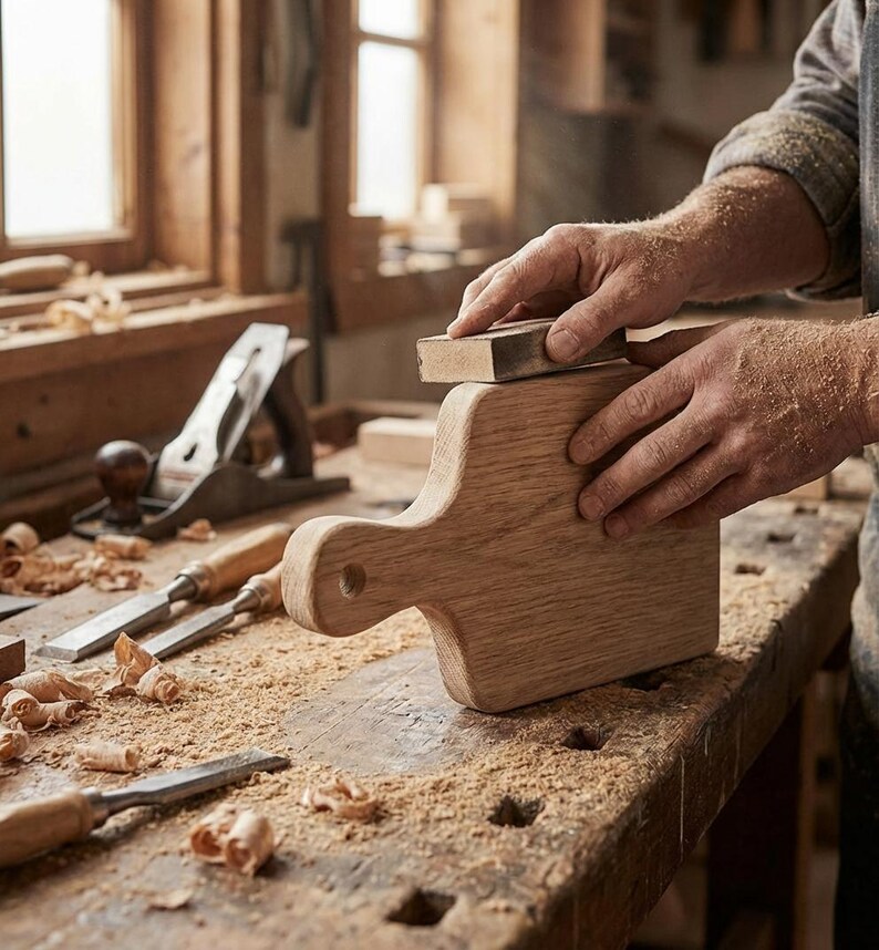 A person is working on a wooden board in a workshop, using a tool to smooth the surface of the board.