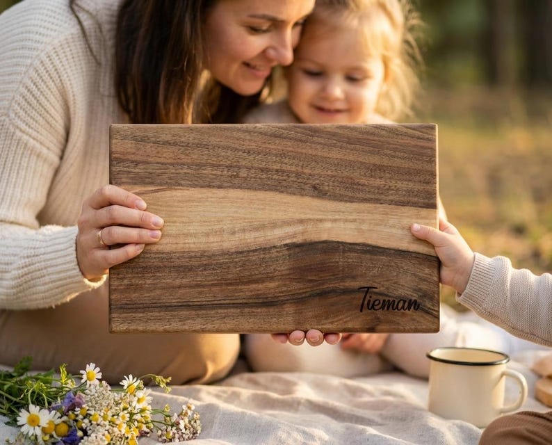 A woman and a young girl are sitting on a blanket in a park, with the woman holding a wooden cutting board with the name "Tieman" written on it.