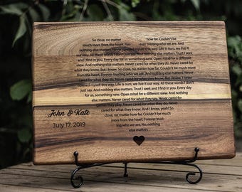 Engraved Cutting Board - Wedding Gift for Couple with First Dance Lyrics, Personalized Song Board with Heart, Custom Keepsake for Newlyweds
