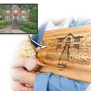 Aangepaste huisschets snijplank, gepersonaliseerd eerste huiscadeau, aandenken makelaar afbeelding 2