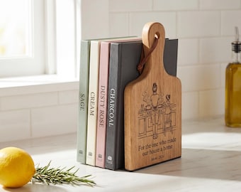 Bookends for Kitchen — Solid Oak, Magnetic Tablet Stand & Cookbook Holder, Laser Engraved gift for Mom