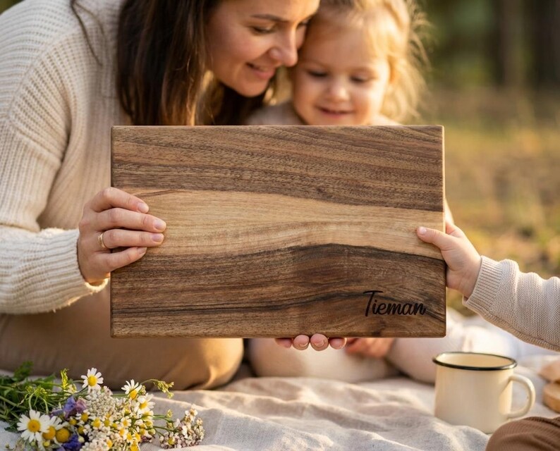 A woman and a young girl are sitting on a blanket in a park, with the woman holding a wooden cutting board with the name "Tieman" written on it.
