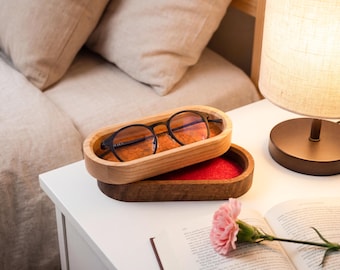 Jewelry Tray Wood — Glasses Holder with Felt Liner, Catch All Nightstand Organizer, Personalized Gift, Oak or Walnut