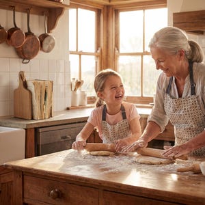 A woman and a young girl are smiling and working together to roll out dough on a wooden counter in a cozy kitchen.
