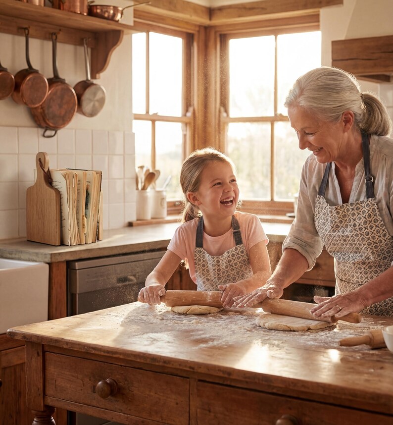 A woman and a young girl are smiling and working together to roll out dough on a wooden counter in a cozy kitchen.
