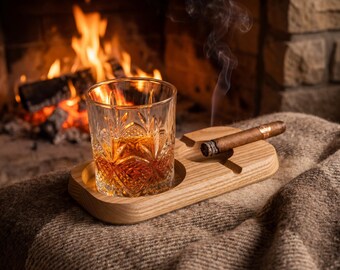 Custom Date Cigar Tray with Whiskey Glass Rest, Engraved Wooden Ashtray, Wedding Anniversary Gift, Engagement Gift for Him