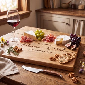 a wooden cutting board with a selection of food items, including cheese, grapes, figs, and crackers, along with a glass of red wine and a candle.