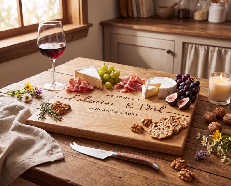 a wooden cutting board with a selection of food items, including cheese, grapes, figs, and crackers, along with a glass of red wine and a candle.