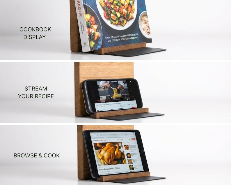 a wooden stand with a cookbook and a tablet or smartphone displaying a recipe. The stand has three sections, each with a different function: a cookbook display, a streaming display, and a browsing display.