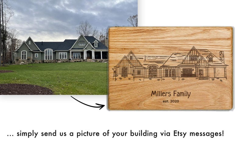 Personalisiertes Schneidebrett, individuelles Foto für Haus-Skizze, personalisiertes Architektur-Porträt, einzigartiges Geschenk für Makler, Hartholz mit Gravur Bild 2