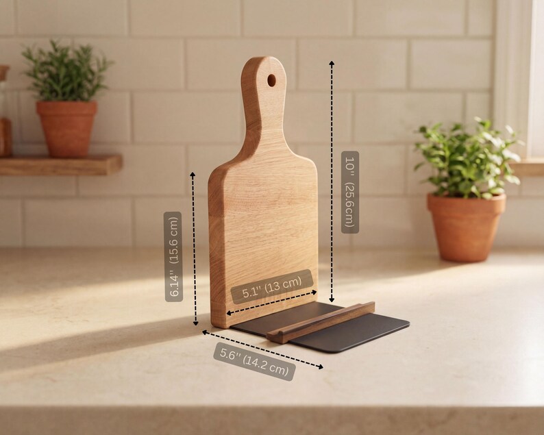 a wooden cutting board with measurements and a potted plant on a kitchen counter.