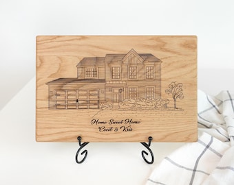 Engraved cutting board, Housewarming gift, First Home Portrait, Custom Cutting board, House Sketch, Realtor closing gift