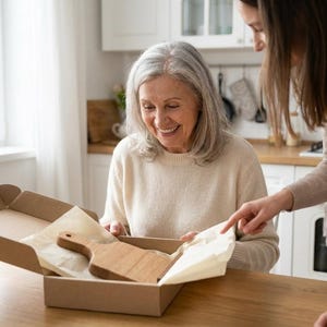 A woman is smiling as she opens a cardboard box containing a wooden cutting board, with another person standing beside her.