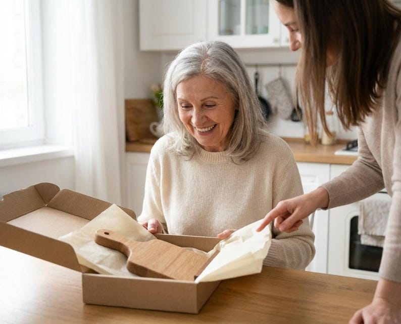 A woman is smiling as she opens a cardboard box containing a wooden cutting board, with another person standing beside her.