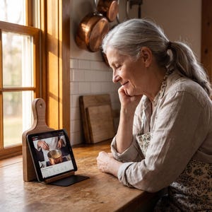 An elderly woman is sitting at a kitchen counter, intently focused on a tablet computer placed on a wooden stand in front of her.