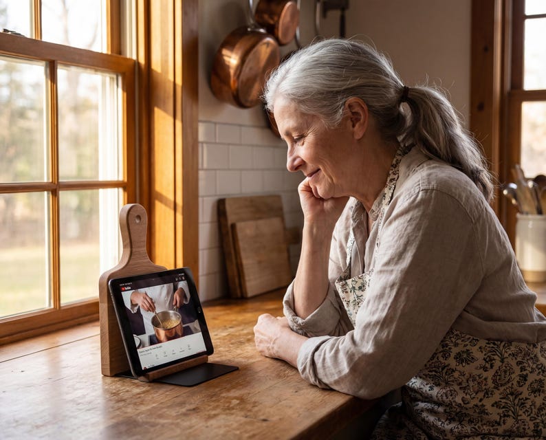 An elderly woman is sitting at a kitchen counter, intently focused on a tablet computer placed on a wooden stand in front of her.