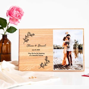 Custom Wood Picture Frame - Magnetic wooden dot Photo Holder - Engraved Wedding Gift for Couple