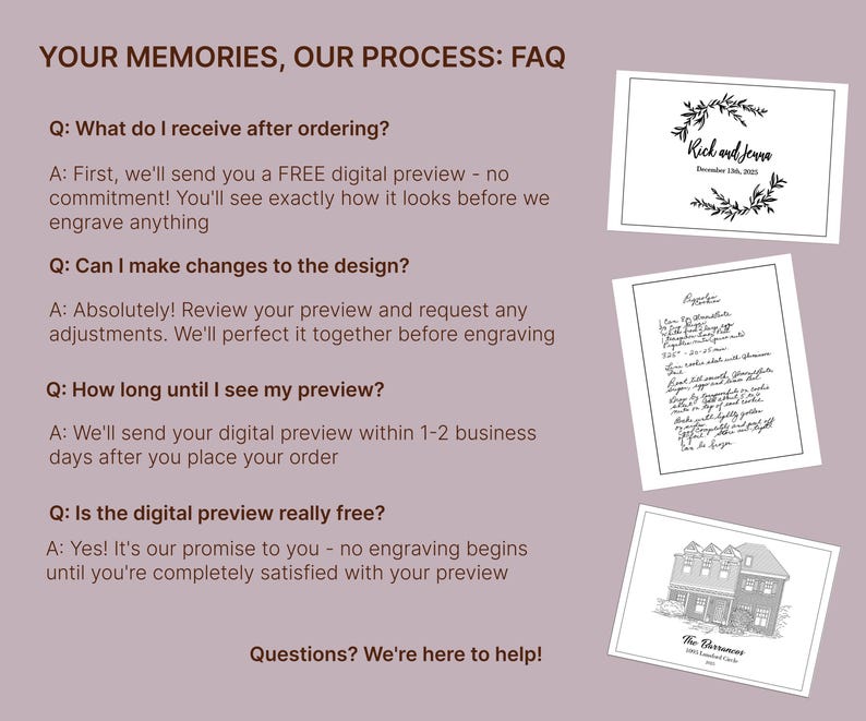 The image is a collection of three images, each with a different question related to the process of receiving a digital preview and making changes to the design.