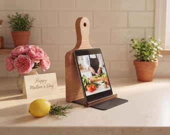 Wooden Bookends for Kitchen — Cookbook Stand & Magnetic Phone Holder, Personalized Gift for Grandmom and Mom